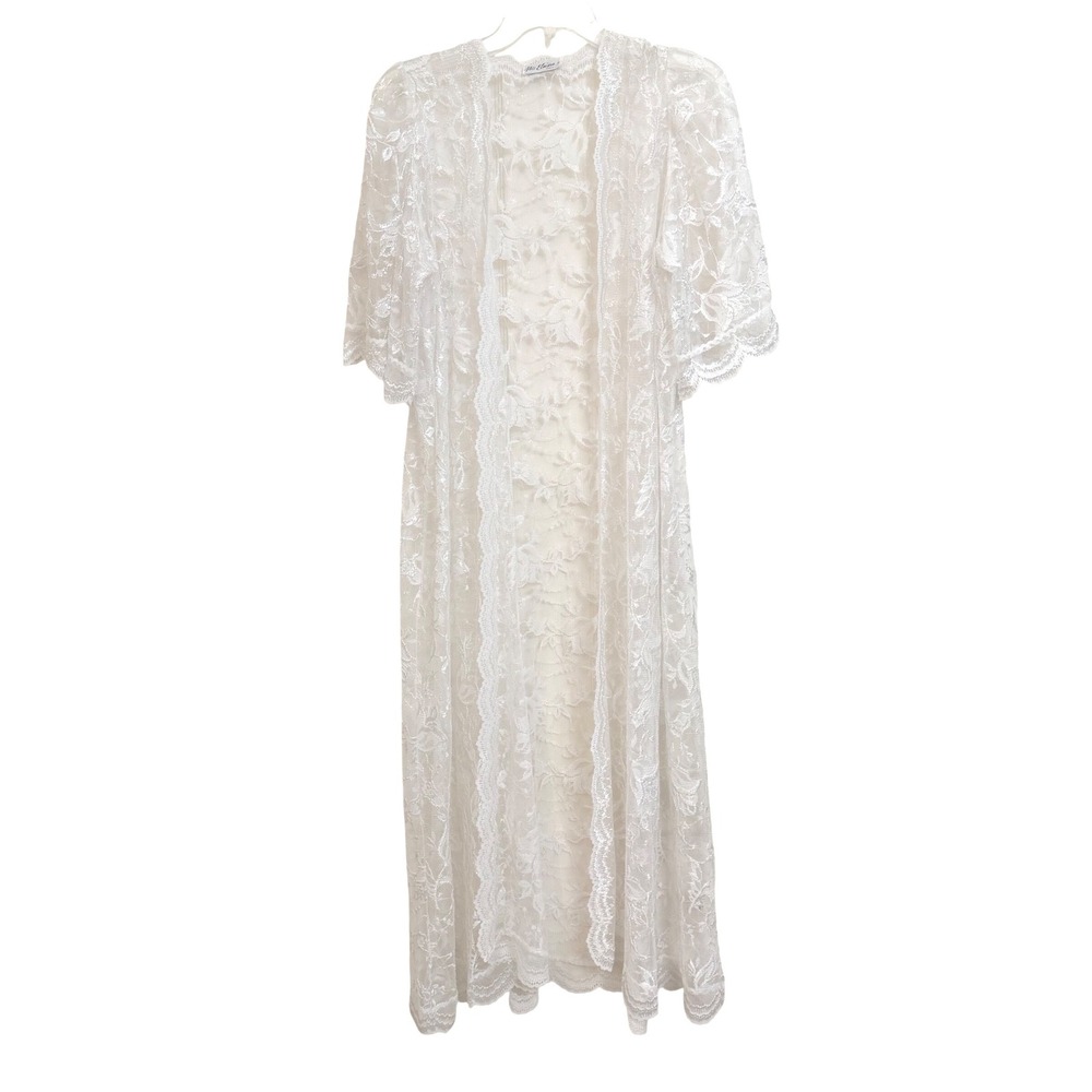 Miss Elaine Vintage White Floral Lace Peignoir Robe Made in USA M Coquette